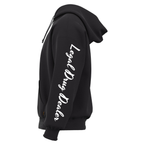 Unisex “Legal Drug Dealer” hoodie for pharmacists featuring double stitching, drawstring hood, and bold printed design.