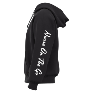 Unisex “Nurse On The Go” hoodie for nurses featuring double stitching, drawstring hood, and premium printed design.